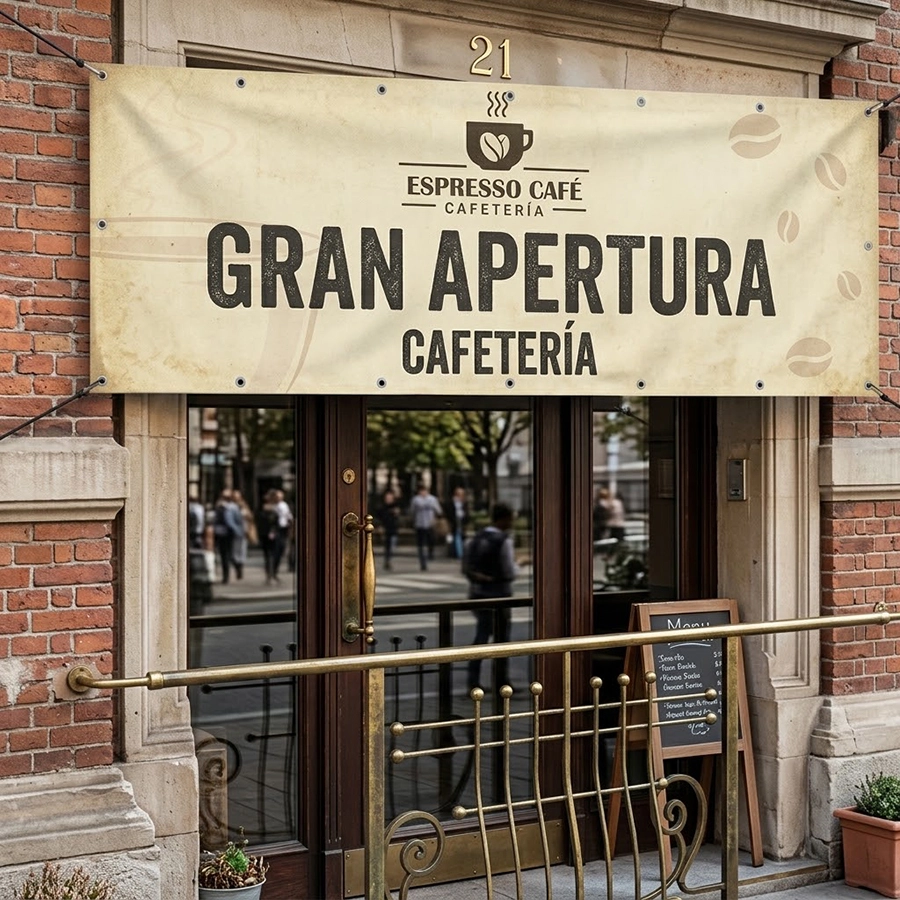 Lona publicitaria instalada en una fachada