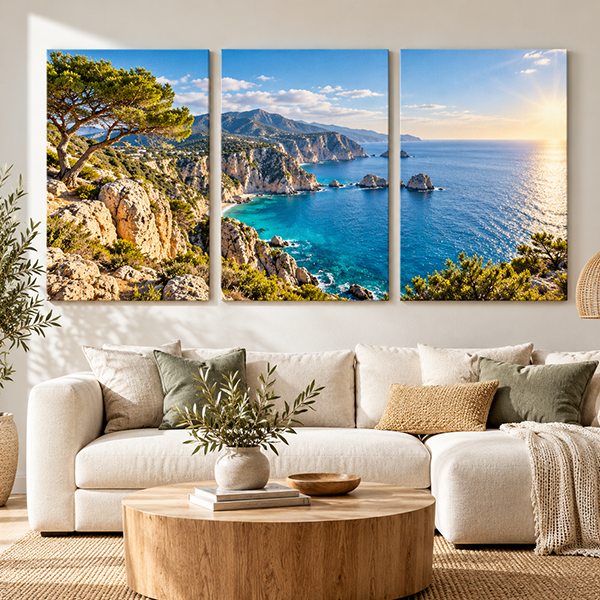 Composición de tres lienzos con un paisaje costero