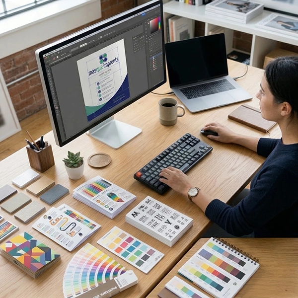 Diseñadora trabajando en un proyecto gráfico rodeada de muestras de color y pruebas impresas