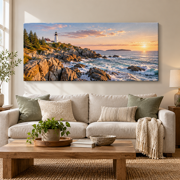 Fotocuadro horizontal de paisaje sobre un sofá