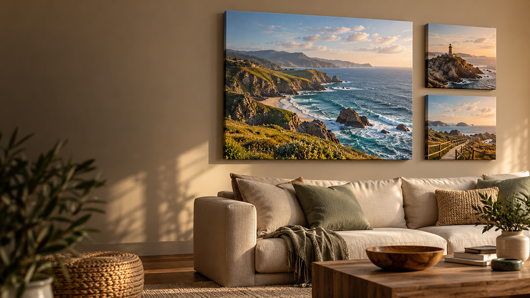 Fotocuadros personalizados con paisajes de costa en una sala luminosa