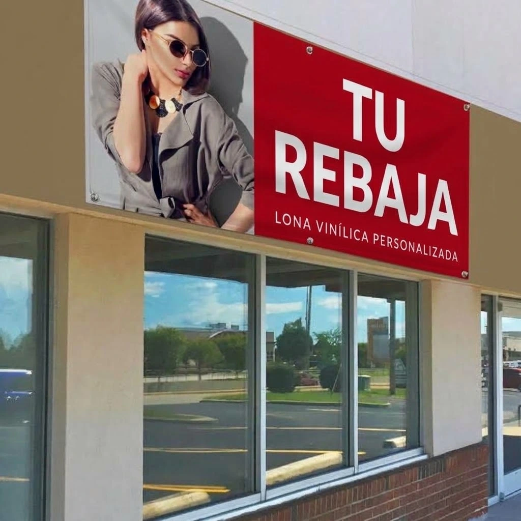 Lona promocional en una fachada comercial
